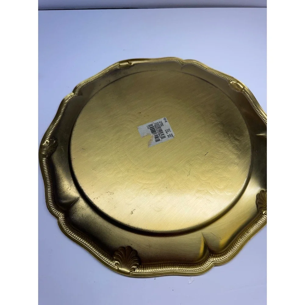 Vintage Gold Tone Etched Floral Round Serving Tray Scalloped Shell Rim 12.5 Inch